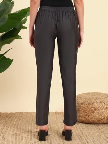 Image of Vogaan Women's Cotton Silk Pant | Half-Elasticated Waist Slim Fit Trouser for Women | Casual Pocket Pants for Office Formal Daily Use