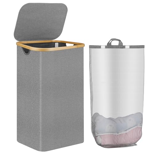 Lycasia Cesta de lavandería con tapa de 110 litros, cesta de lavandería con mango de bambú y bolsa interior extraíble lavable, cesta de almacenamiento grande plegable para ropa sucia, juguetes,