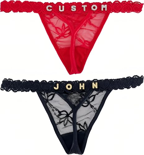 2-Pack Personalized Thongs With Names, Custom Thong with His Name on it for Women Valentine's Day Black