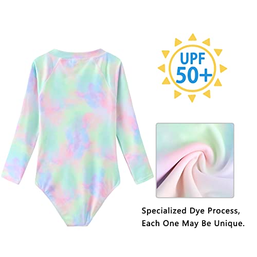 Girls Long Sleeve Rash Guard One Piece Swimsuits for Kids Tie Dye Bathing Suit UPF 50+ Swim Shirts Rainbow Tye Die 5T3