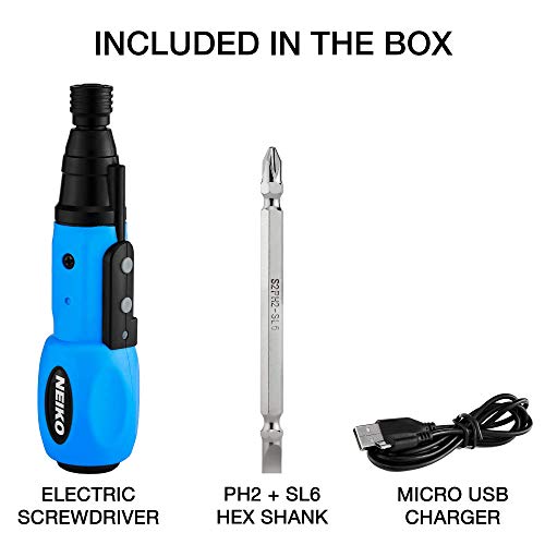 NEIKO 10577A Cordless Power Screwdriver | 1/4” Hex Auto-Lock Safety Chuck | Includes Phillips and Flathead Bit | USB Rechargeable Lithium-Ion Technology | Auto and Manual Mode by NEIKO - Image 2