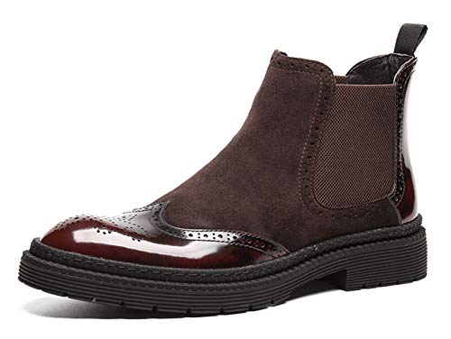 Santimon Mens Causal Chelsea Boots Suede Patent Leather Brogue Ankle Dress Boots for Men Black Red