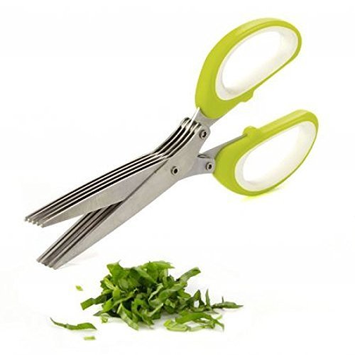 Keymax Multi-Functional Stainless Steel Kitchen Knives 5 Layers Scissors Cut Herb Spices Cooking Tools Vegetable Cutter with Cleaning Brush