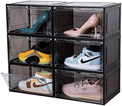 Attelite Large Clear Shoe Box Storage Organizer Plastic Stackable Shoe Containers with Magnetic Door, Side Open Shoe Storage Box for Display Sneakers, Easy Assembly（Black）