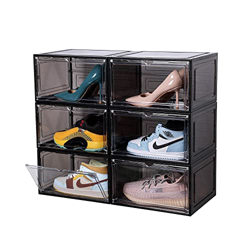 Attelite Large Clear Shoe Box Storage Organizer Plastic Stackable Shoe Containers With Magnetic Door, Side Open Shoe Storage Box For Display Sneakers, Easy Assembly（Black） #TOP12