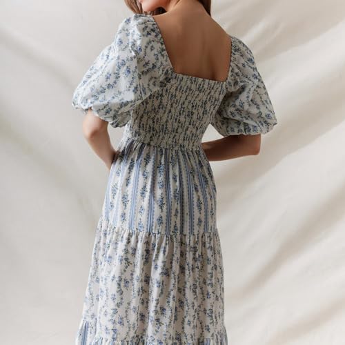 Image of Women Patchwork Dress Y2k Floral Puff Short Sleeve Maxi Dress Summer Boho Smocked Tiered Ruffle Beach Sundress