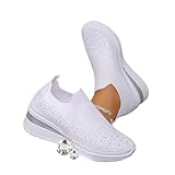 Orthopedic Sneakers with Sparkling Rhinestones, Mesh Slip-On Wedge Platform Sneakers, Sparkly Bling Wedding Dressy Tennis Shoes for Bride (White,10)