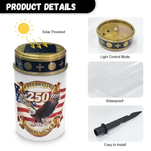 Image of Poceacles Eagle USA Flag 250th Print Solar Lights 4th of July Decorations Outdoor Waterproof Grave Lights for Cemetery LED Flameless Candle Cemetery Solar Pillar Candles Outdoor Decor