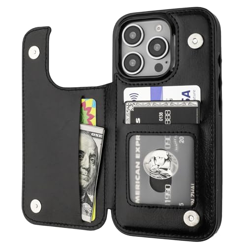 ONETOP Compatible with iPhone 16 Pro Wallet Case with Card Holder PU Leather Kickstand Card Slots Case Double Magnetic Clasp and Durable Shockproof Cover 6.3 Inch (Black)