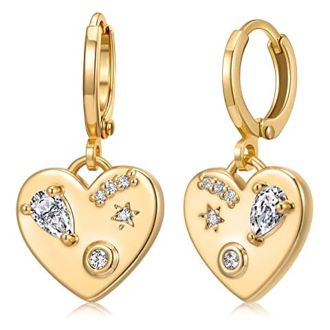 AHSIWC Huggie Dangle Hoop Earrings 18k Gold Plated Cubic Zirconia Heart Drop Earrings Minimalist Hypoallergenic Earring for Women Cover