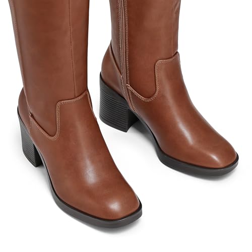 mysoft Women's Knee High Boots Square Toe Chunky Block Stacked Heel Tall Boots with Side Zipper4