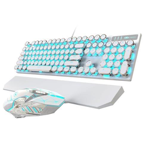 Image of MageGee MK-Storm Typewriter Mechanical Gaming Keyboard and Mouse Combo, Retro Punk Round Keycap Blue LED Backlit USB Wired Computer Keyboard for Game Red Switches(White)