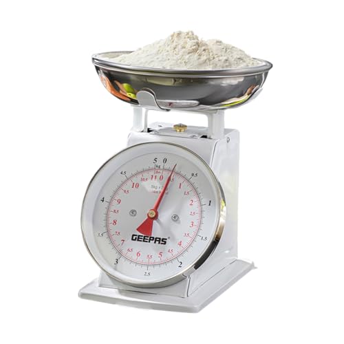 Geepas Mechanical Kitchen Scale | Analogue, Easy to Read, 5kg Capacity | Durable Iron Body, Stainless Steel Large Weighing Bowl | Analogue Food Scale, Classic Design, Easy Read Large Dial, White