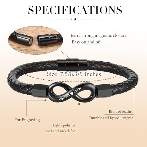 Personalized Leather Bracelet for Men - Custom Name Infinity Bracelets,Hypoallergenic Stainless Steel Braided Engraved ID Wristband,Trendy Black Jewelry to My Man Gifts for Birthday Anniversary4