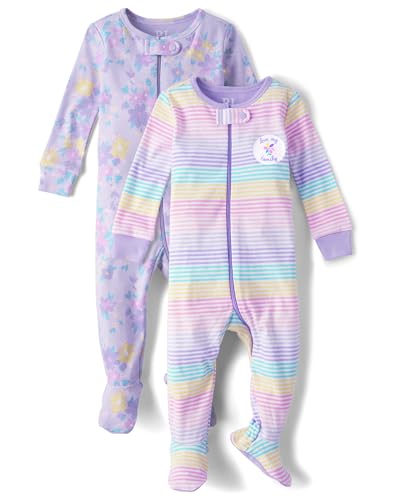 Image of The Children's Place Baby Girls' and Toddler Snug Fit 100% Cotton Zip-Front One Piece Footed Pajamas 2-Pack