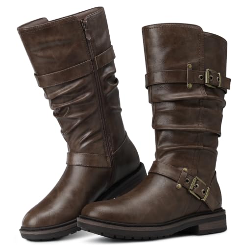 SHIBEVER LightBrown Riding Boots Women Comfortable Wide Mid Calf Boots Fall