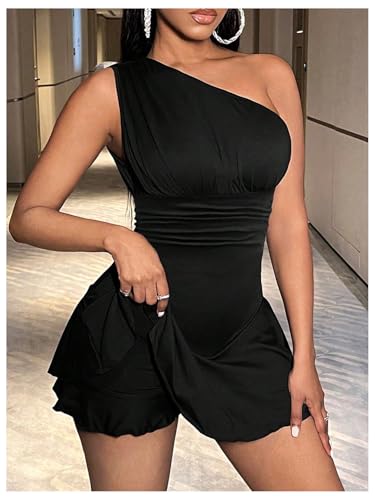 Image of WDIRARA Women's One Shoulder Ruffle Hem Dress Hign Waist A Line Mini Dress with Short