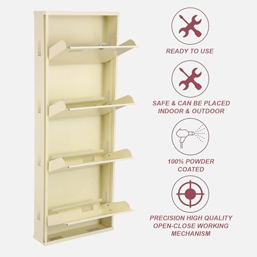 Image of Metal Shoe Rack Wall Mounted for Home with Central Locking | 4 Door 20 inch Wall Mounted Metal 8 Pair Shoe Rack Cabinet | Pre-Assembled Rack Shelves |3 Year Warranty (Ivory)