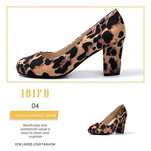 Idifu Women's Sherry Dress Low Block Chunky Heels Pumps Closed Round Toe Shoes For Wedding Office Evening (Leopard Suede, 7.5 M Us) #TOP5