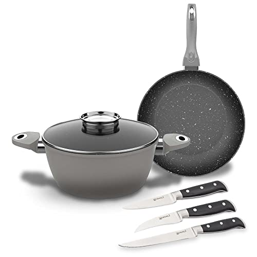 Laguiole - Set 3 Pièces Silver antiadhésif 'Black Ston®' induction + 3 couteaux forgés Laguiole Cover