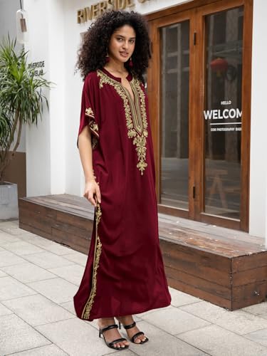 Image of KECVOT Kaftan Dresses for Women Embroidered Short Sleeve V-Neck Plus Size Caftan Bikini Swimsuit Cover-Up Long Beach Dress