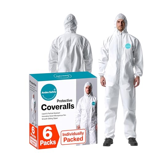 Andes 6 Individual Pack Hazmat Suits Heavy Duty Full Body Disposable Paint Suits Lab Coveralls with Hood and Elastic Wrists (XL)