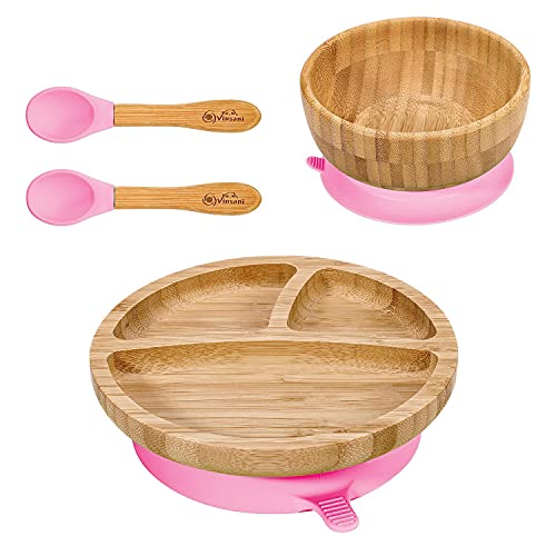 Vinsani Bamboo Bowl, Round Plate and Spoon Set for Baby/Toddler, Suction Plate, Stay-Put Design, Hypoallergenic and BPA-Free (Pink)