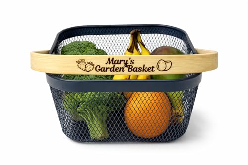 Garden Harvest Basket Gray Mesh Vegetable Hod with Bamboo Handle – Personalized Garden Basket for Harvesting Fruits Vegetables Herbs, Durable Metal Wire Design for Gardeners