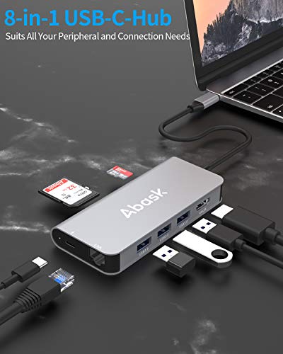 ABASK Hub USB C Adattatore 8 in 1 Tipo C con HDMI 4K, Porta Ethernet RJ45, 3 Porte USB 3.0, Lettori SD e TF, Porta di Ricarica PD da 100W per MacBook PRO Air dell Xps Samsung Dex S10 Huawei Mate ECC