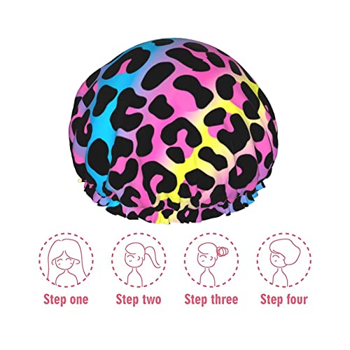 Leopard Print Cheetah Animal Skin Shower Cap For Women Reusable Double Layers Waterproof Shower Hair Protector Peva Lined Shower Hat For All Long Hair Lengths, Stretchy Adjustable Neon Shower Caps #TOP6