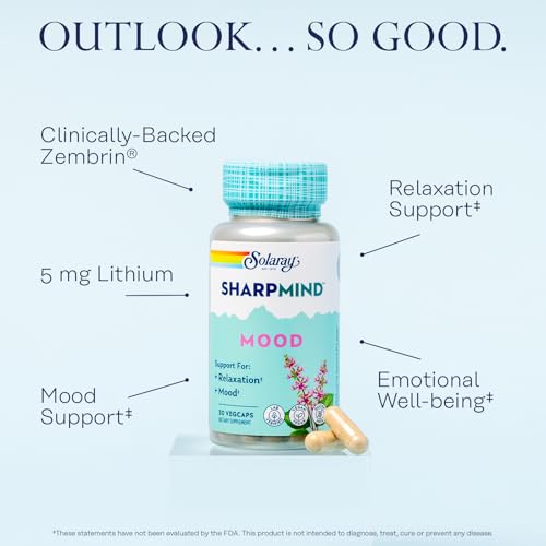 Image of SOLARAY SharpMind Mood Support Supplement, Nootropic for Relaxation and Emotional Well-Being, Zembrin, Holy Basil, Lithium 5mg, Organic Reishi Mushroom, 60 Day Guarantee, 30 Servings, 30 VegCaps