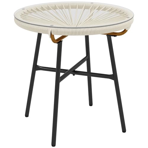 Outsunny Table Basse Ronde de Jardin en résine Aspect rotin métal et Plateau Verre trempé Ø 50 x 50 cm crème