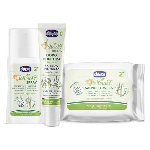 Chicco Set Protezione Naturale dagli Insetti, con Spray Protettivo 100 ml, Roll On Dopopuntura e Salviette 20 PZ, Protezione per l'Estate, con Citronella ed Eucalipto, Delicato sulla Pelle dei Bambini