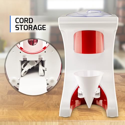 Image of OVENTE Shaved Ice Snow Cone Machine with Reusable Plastic Cup, Non-Slip Mat and Stainless Steel Blade, Kitchen Countertop Slushie Machine for Homemade Snowballs, Frozen Cocktails & More, Red ICR1505R