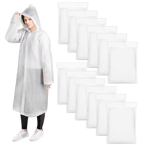 12 Pack Rain Ponchos for Adults, Reusable Raincoat with Drawstring Hood, Portable EVA Rain Jackets for Women Men, Waterproof Long Rain Cape, Emergency Poncho for Travel Camping Hiking Outdoor