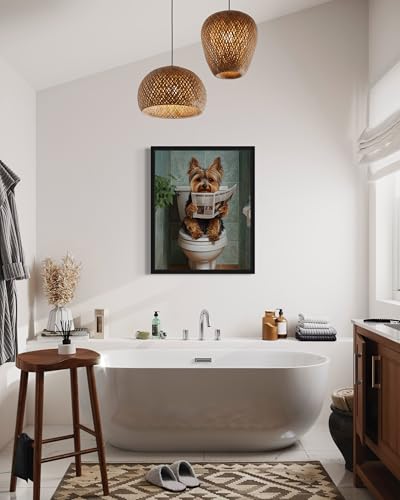 Image of Yorkshire Terrier on Toilet Black Framed Wall Art Print Poster, Dog Bathroom Humor Decor Posters Prints for Restroom Home Picture Painting Artwork Gallery 7 (Yorkshire Terrier, 14 inchL x 11 inchW, Black Frame)