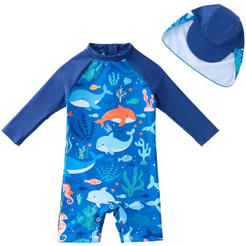 Image of UMELOK Baby Boys UPF 50+ Sun Protection One Piece Rashguard Swimsuit with Snap Bottom