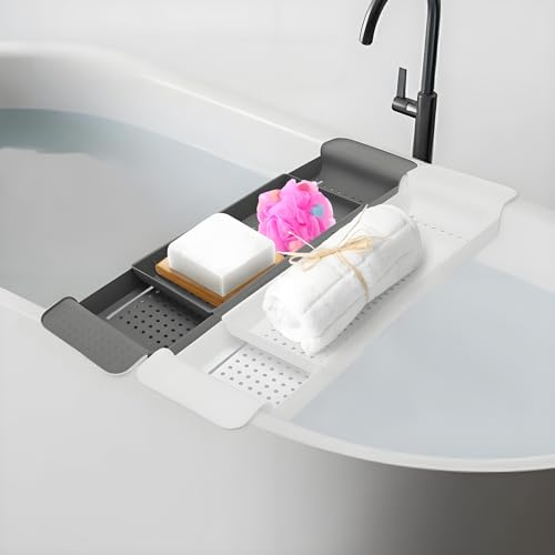 JF HOME BLISS Adjustable Bathtub Caddy Tray Retractable Bath Rack Shelf with Drain Holes Expandable Bathtub Organizer Holder for Wine Glass Book Tablet Phone Candles Bathroom (White)