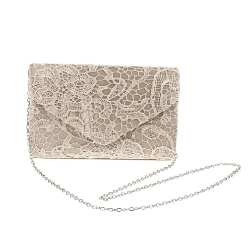 Pochette de soirée femme en satin beige et dentelle élégante pour mariage
