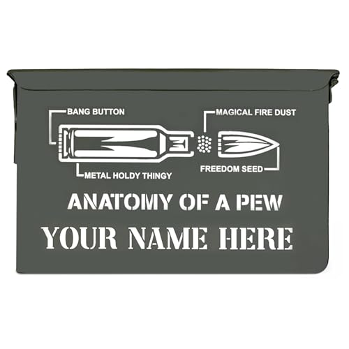 PA108 Fat 50 Cal Ammo Can - Genuine Military Surplus Anatomy of a Pew Ammunition Box w/Handles & Lid - Customizable UV Print Olive Drab Green Metal Ammo Box - Military Crate for Hikers, Campers