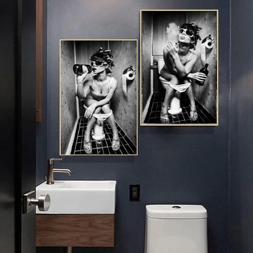 Genérico Fondo De La Casa Del Cuarto De Baño, WC Decoración De Pared, Póster En Blanco Y Negro De Una Mujer Que Fuma, Fotos Papel Pintado, Divertido Póster De Impresión(2PCS,20 * 30cm)