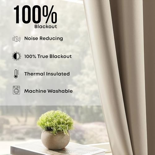 Image of LINENWALAS 100% Solid True Solid Blackout Curtains (5 Feet) - Set of 2 Panels | Complete Light Block | Thermal Insulated & Noise Reducing Room Darkening Curtains for Living Room & Home Decor (Beige)