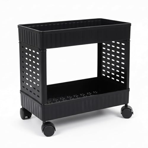Image of 2-Tier Rolling Storage Cart with Wheels | Multipurpose Plastic Organizer Trolley for Kitchen, Bathroom, Office & Home |Black (1 Pcs, 2 Layer)
