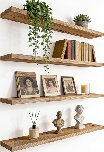 HXSWY 24 Inch Rustic Wood Floating Shelves Farmhouse Wooden Wall Shelves for Bathroom...