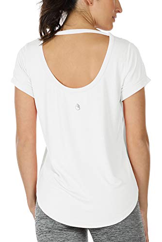 icyzone Camiseta de Yoga Deportiva de Suelta Transpirable de Manga Corta de Espalda Abierta para Mujer -M-Blanco
