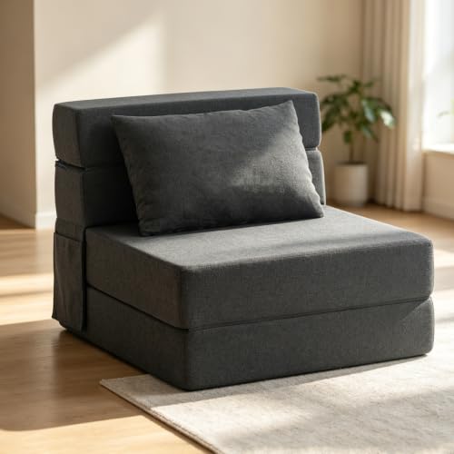 Image of Folding Sofa Bed | Convertible Sleeper Chair Bed for Adults, Fold Out Chair to Bed Linen Futon Chair with Pillow, for Home Dorm Apartment RV Living Room, Single Size Dark Gray