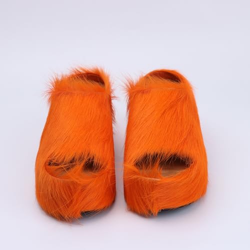 Image of XOBZJH Long-Hair Calfskin Chunky Clog Slide for Women - Memory Foam Luxury Slip on Shoes Women's Mules & Platform Clogs,Designer Mules for Women 2025