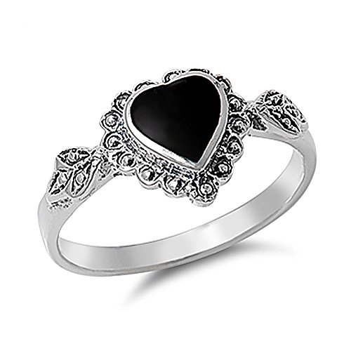 DoubleAccent Sterling Silver Simulated Black Onyx Vintage Style Heart Promise Ring 10mm (Size 4 to 10)