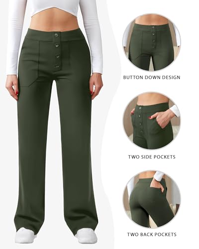 Image of JEKAOYI Womens Casual High Waist Straight Leg Pants Stretchy Button Business Dress Work Pocket Trousers