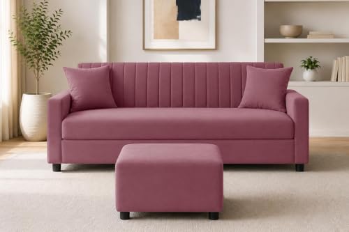 Image of Urban Decor 3 Seater Wooden Sofa Set with Matching Ottoman, Modern Channel Tufted Velvet Fabric Couch for Living Room-Rose Pink